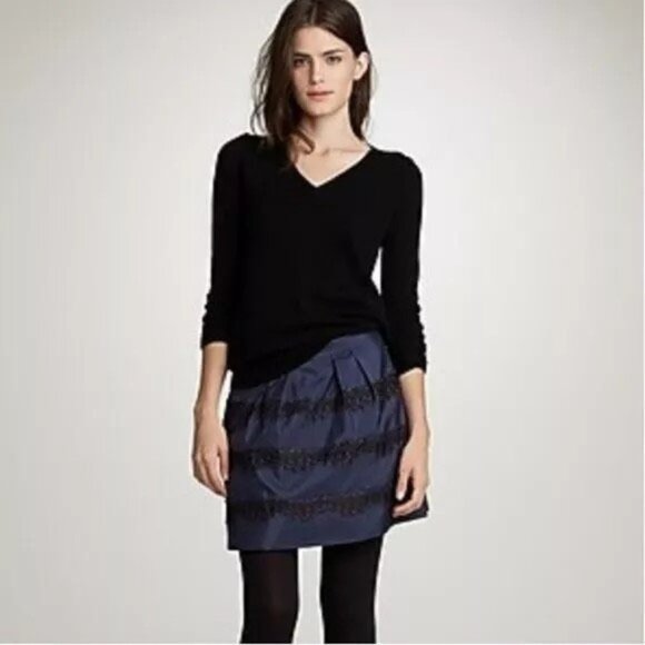 J. Crew Marvelle 100% Silk Mini Skirt Size 4 Navy with Black Lace - Picture 1 of 8